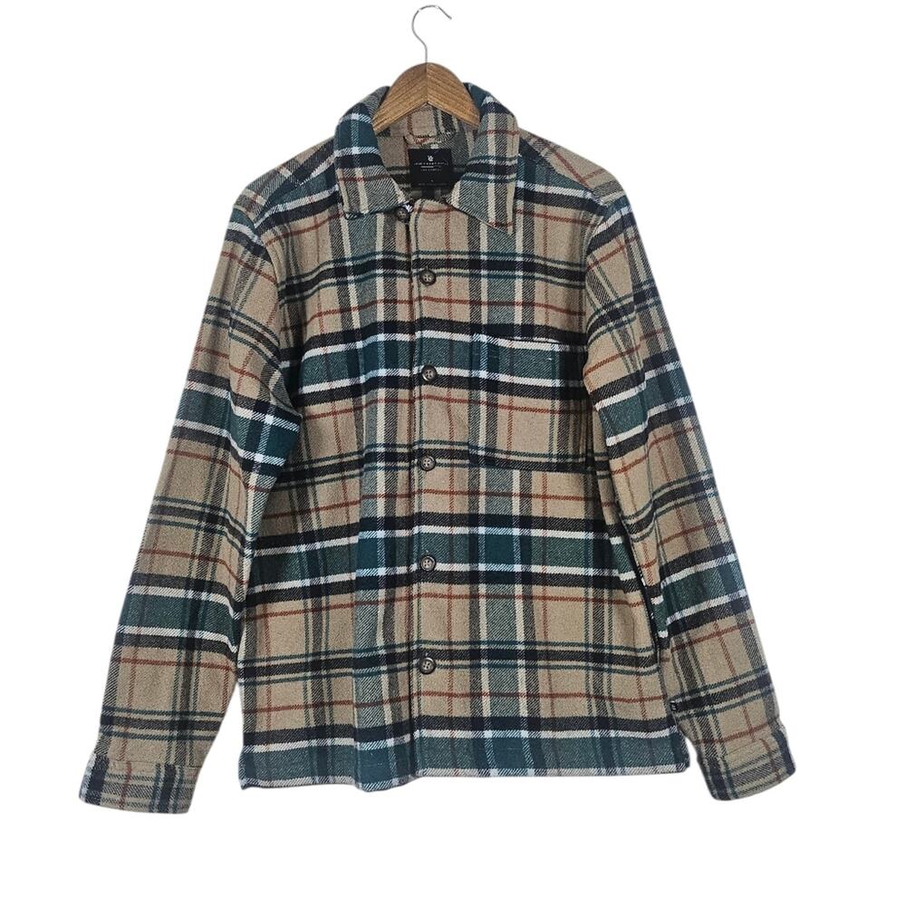 Junk Food Clothing Luca Shacket Jacket, Green Tan Plaid Wool Blend Size M